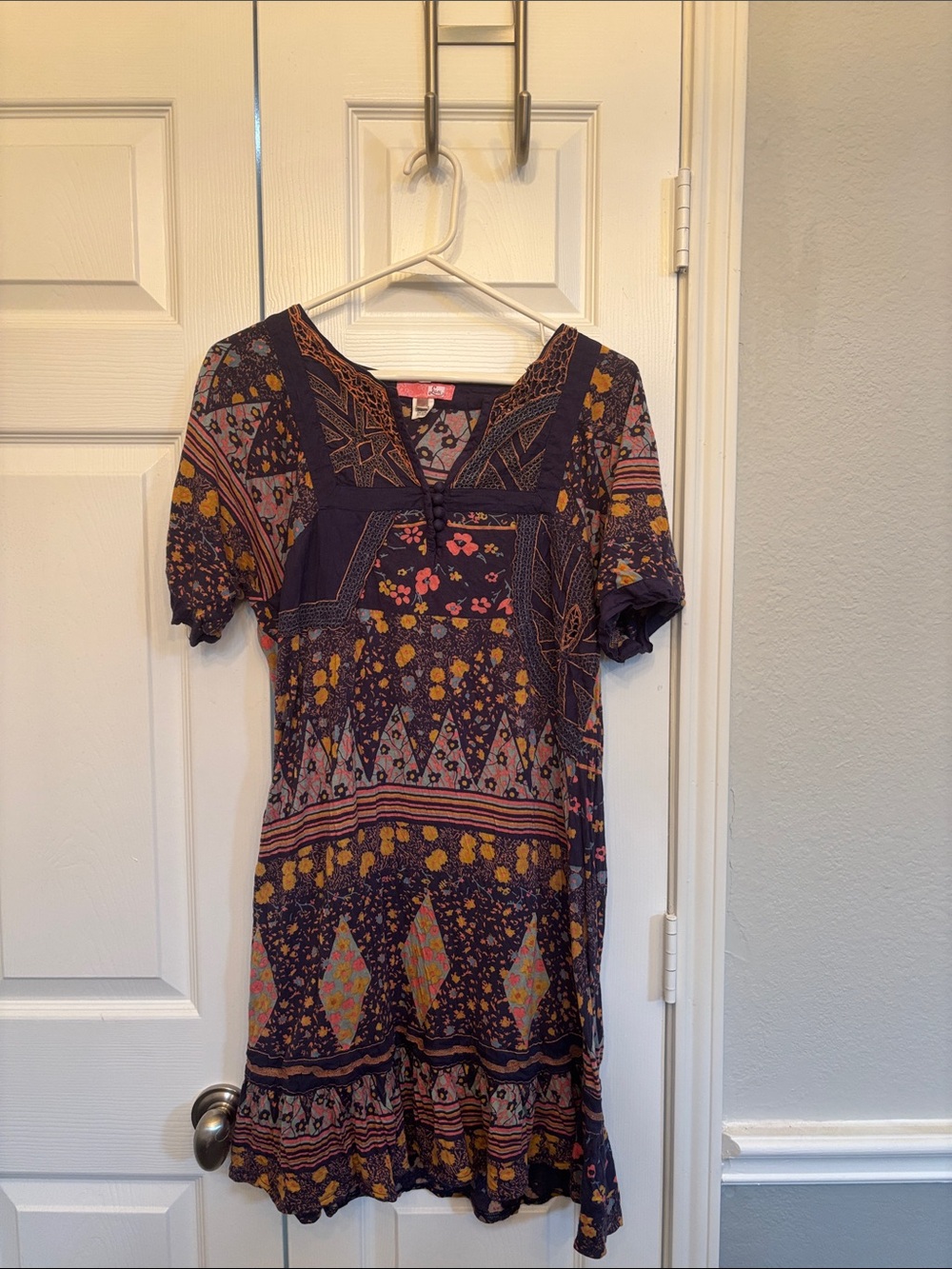Lux Navy Floral Patchwork Mini Dress with Mustard & Pink Accents